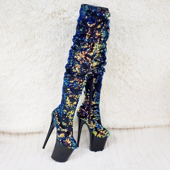 Sequin Platform 8" Heels Thigh High Slouch Boots Flamingo 3004 - Picture 4 of 16